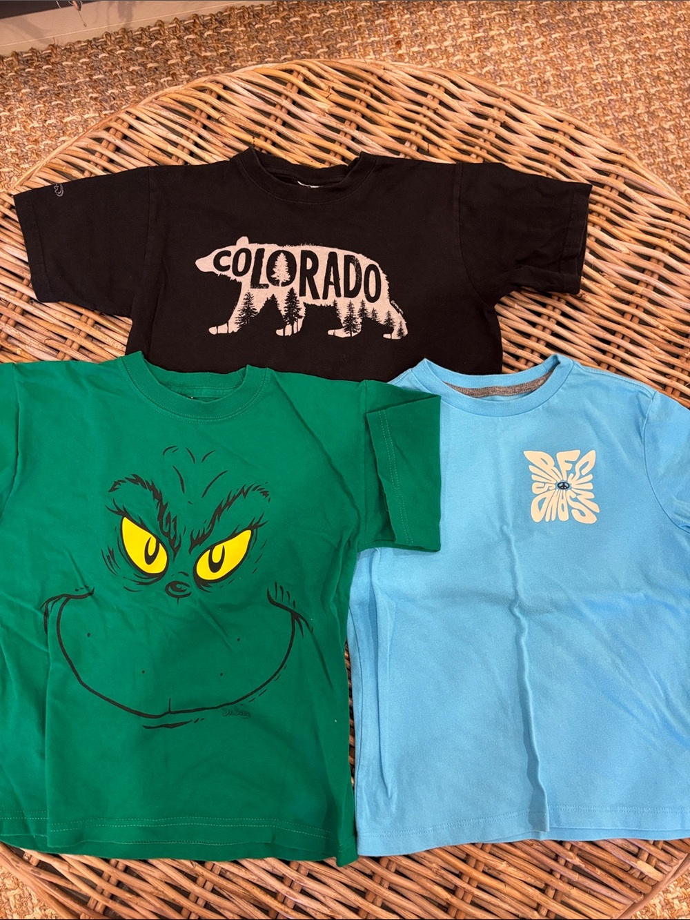 Kids Short Sleeve Tee - Green Grinch Face, Black Colorado Bear & Blue wave